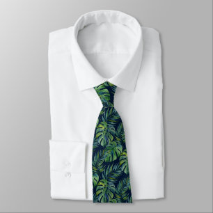 Cravate Moku Island Aquarelle Hawaïenne Monstera -Navy