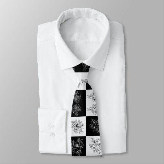 Cravate Monochrome Checkerboard FLowers motif élégant (Attaché)