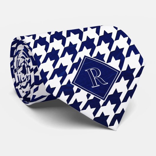 Cravate Monogram Houndstooth Pattern White & Blue Wood (Roulé)
