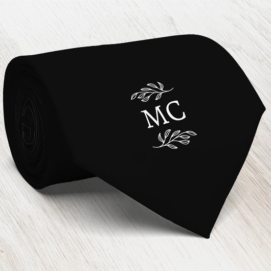 Cravate Monogram Initial Crest Botanical Leaf Black