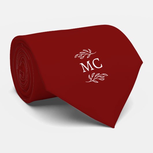 Cravate Monogram Initial Crest Botanical Leaf Burgundy Red (Roulé)