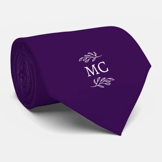 Cravate Monogram Initial Crest Botanical Leaf Dark Purple (Roulé)