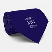 Cravate Monogram Initial Crest Botanical Leaf Navy Blue (Roulé)