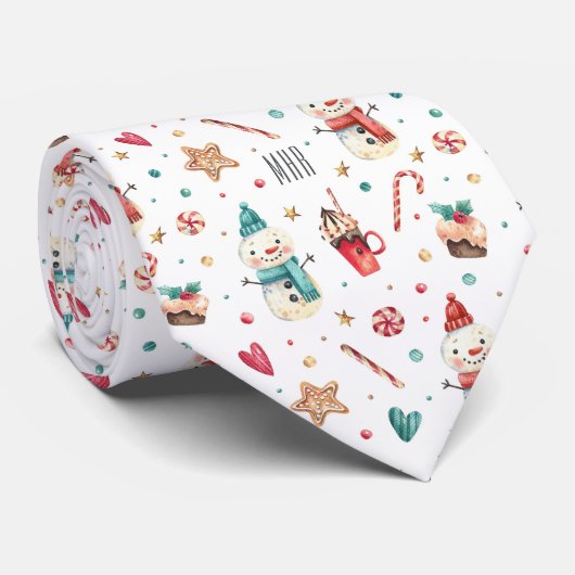 Cravate Monogram, Snowman Sweets Motif Holiday (Roulé)
