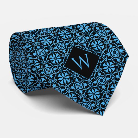 Cravate Monogramme bleu clair et noir arabesque (Roulé)