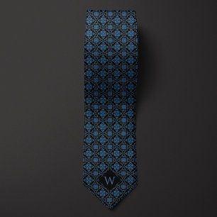 Cravate Monogramme bleu foncé et noir arabesque