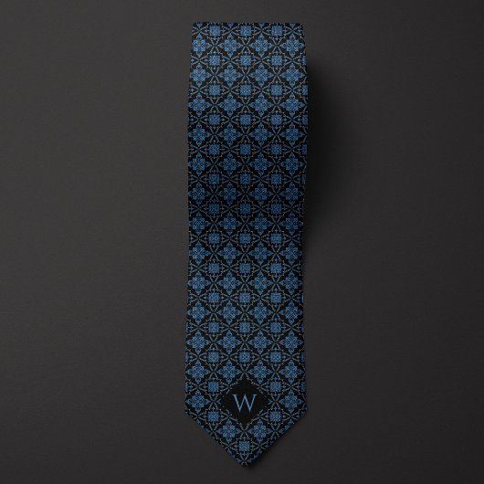 Cravate Monogramme bleu foncé et noir arabesque