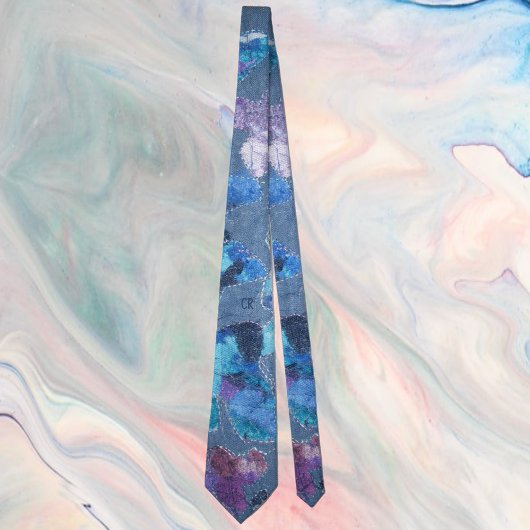 Cravate Monogramme bleu violet turquoise marine motif déco