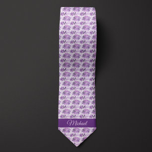 Cravate Monogramme botanique aquarelle violet