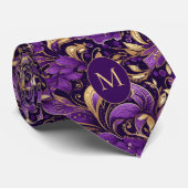 Cravate Monogramme botanique violet et or (Roulé)