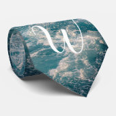 Cravate Monogramme Caraïbes mer Bleu blanc vague crêtes (Roulé)