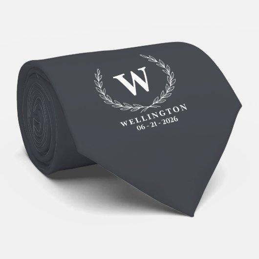 Cravate Monogramme de mariage Nom Laurier Blanc Gris Charb (Roulé)