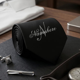 Cravate Monogramme de nom noir et blanc personnalisé uniqu
