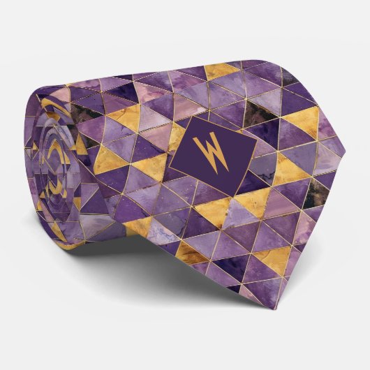 Cravate Monogramme de triangles violet et or (Roulé)