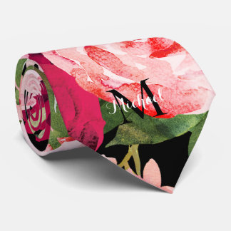 Cravate Monogramme élégant floral rose noir