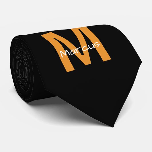 Cravate Monogramme Élégant Noir Orange (Roulé)