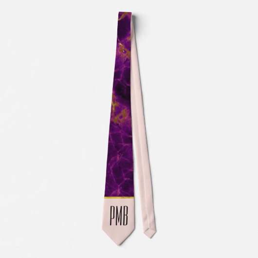 Cravate Monogramme en marbre Abstrait moderne violet et or (Devant)