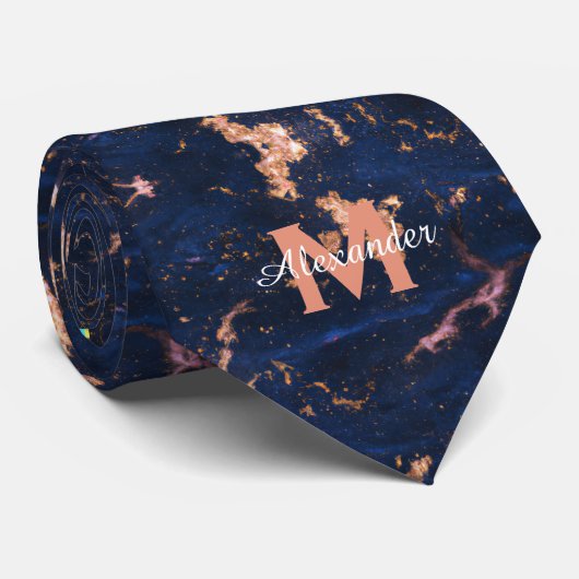 Cravate Monogramme en marbre bleu marine Rose or (Roulé)