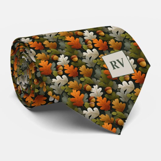 Cravate Monogramme Feuille de Chêne d'Automne & Gland (Roulé)