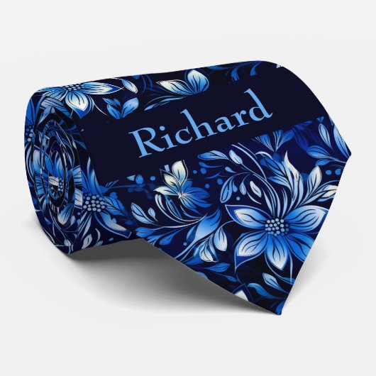 Cravate Monogramme Floral Bleu Cobalt (Roulé)
