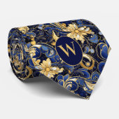 Cravate Monogramme floral bleu et or (Roulé)