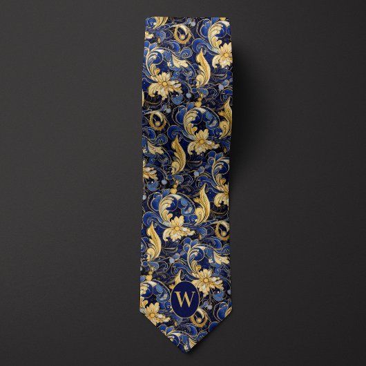 Cravate Monogramme floral bleu et or