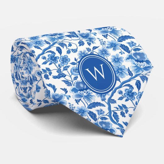 Cravate Monogramme Floral Botanique Bleu Classique (Roulé)