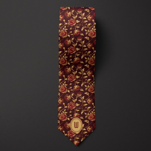 Cravate Monogramme floral de Bourgogne et d'or