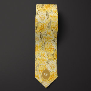 Cravate Monogramme Floral Jaune Crème