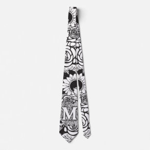 Cravate Monogramme floral "M" Fleurs de tatouage noir et b