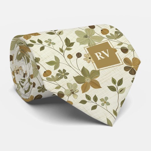 Cravate Monogramme Floral Moderne de Feuilles d'Automne (Roulé)