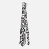 Cravate Monogramme floral "R" Fleurs de tatouage noir et b (Devant)
