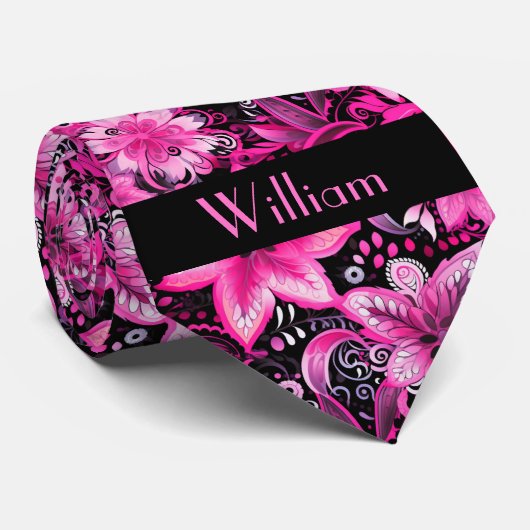 Cravate Monogramme floral rose et noir (Roulé)