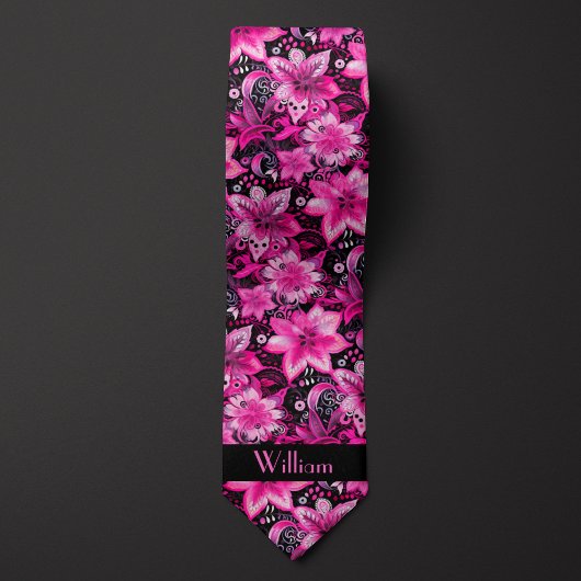 Cravate Monogramme Floral Rose et Noir