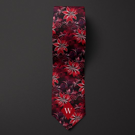 Cravate Monogramme Floral Rouge Grenat