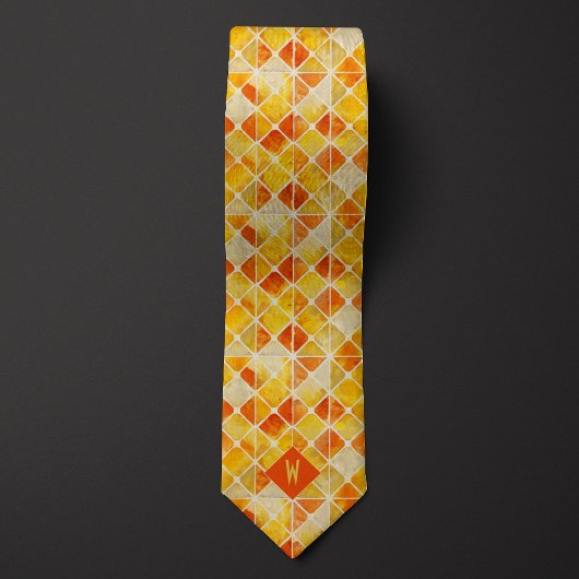 Cravate Monogramme géométrique orange et jaune brûlés