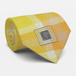 Cravate Monogramme Groomsmen Best Man Yellow Orange Tartan