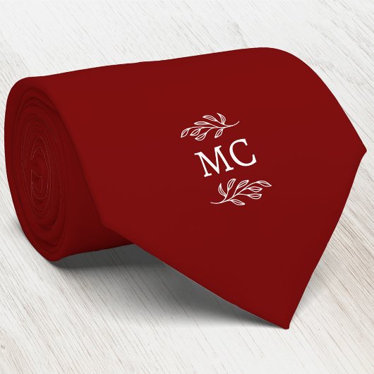 Cravate Monogramme Initiale Blason Feuille Botanique Rouge