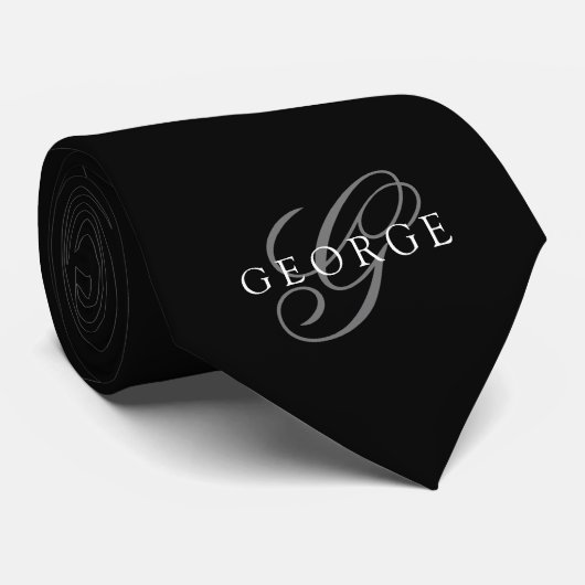 Cravate Monogramme initiale Script Noir (Roulé)