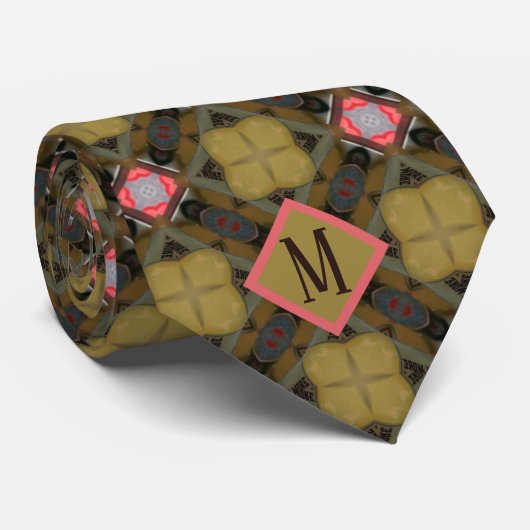 Cravate Monogramme Kaki & Coral Design Motif unique Hommes (Roulé)