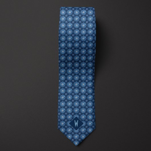 Cravate Monogramme Mandala Bleu Brillante