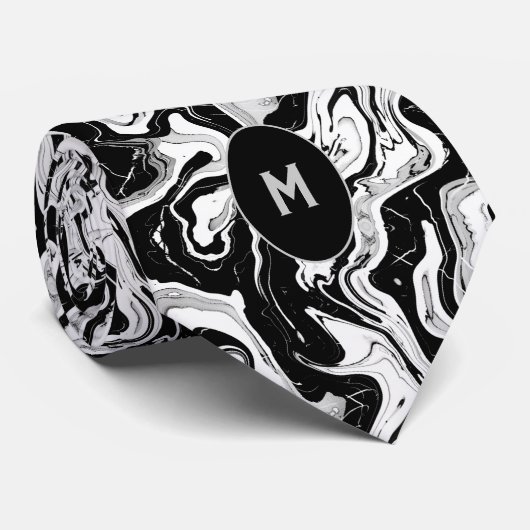 Cravate Monogramme marbré noir et blanc (Roulé)