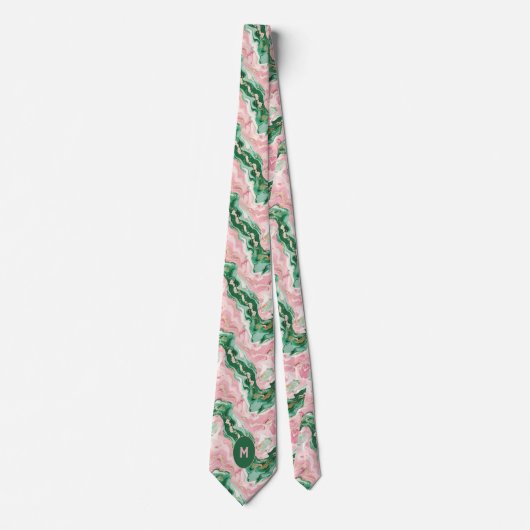 Cravate Monogramme marbré rose et vert (Devant)