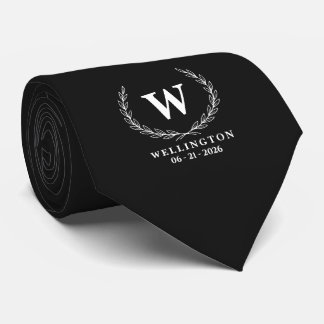 Cravate Monogramme Mariage Date Classique Noir Blanc Lauri