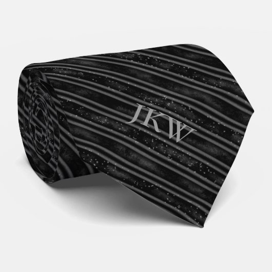 Cravate Monogramme moderne élégant Noir et gris rayé (Roulé)