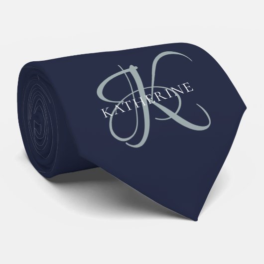 Cravate Monogramme moderne élégant Script Marine Bleu (Roulé)