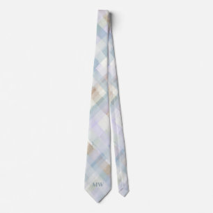 Cravate Monogramme Pastel Carreaux Tartan Poudre Bleu Crèm
