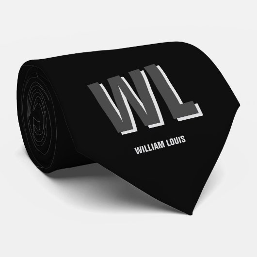 Cravate Monogramme personnalisé minimaliste noir et gris (Roulé)