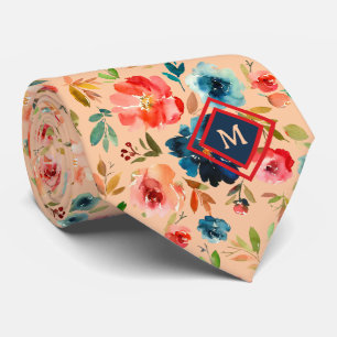 Cravate Monogramme Roses Aquarelle Bleu Pêche