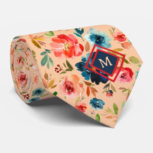 Cravate Monogramme Roses Aquarelle Bleu Pêche (Roulé)